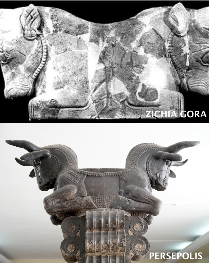 Bull proteomes (paired animal shaped figures) on both sides of an Achaemenid column capital