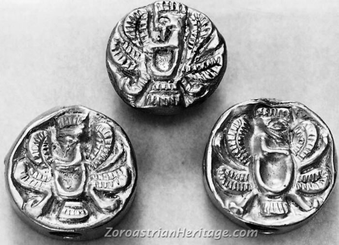 5-4th cent. BCE Median style Farohar/Fravahar gold pendants found at Sairkhe, Georgia