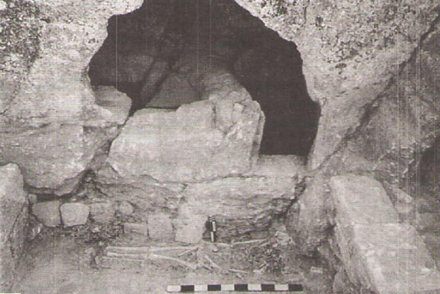 Zoroastrian funerary complex. In the foreground, the House of the Dead. In the background, the dakhma's entrance in the cave