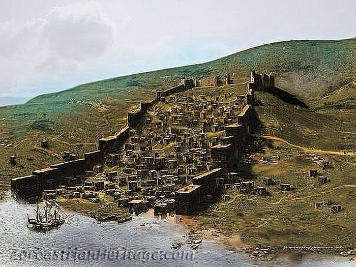 An artist's impression of medieval Narin Gala/Naryn Kala with its lower wall extensions intact. The town and its harbour were protected by high walls