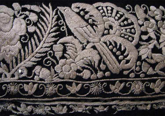 Detail of an old Chinese made gara sari border employing the satin stitch.