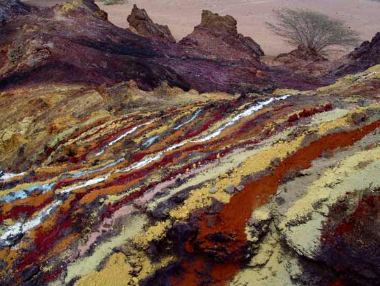 Layers of coloured soil in the hills of Hormuz Island