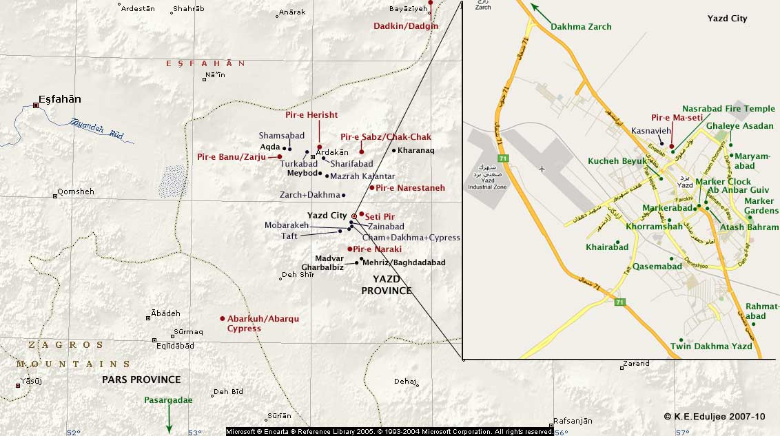 Map of Yazd pilgrimage / sacred sites. Base map courtesy Microsoft Encarta
