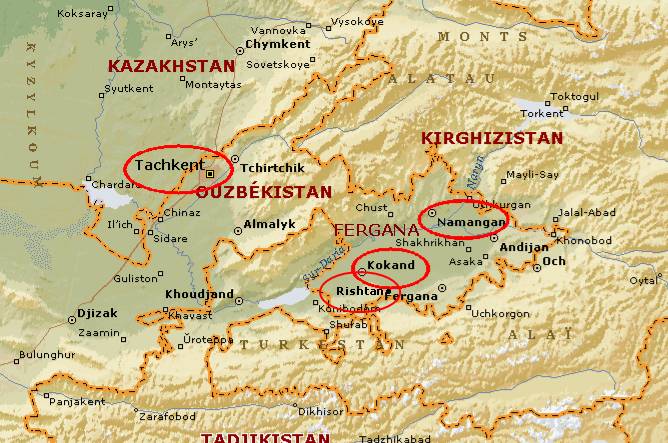Map of Eastern Uzberistan & Tajikistan - Fergana Valley