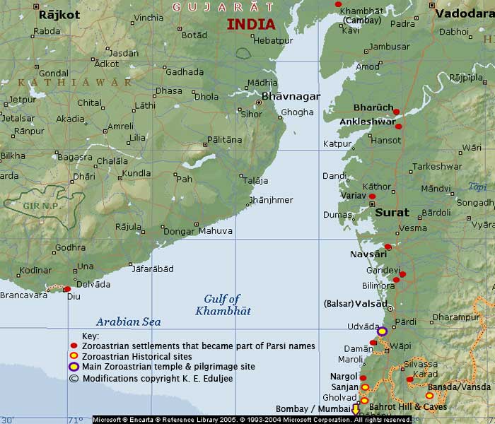 Gujarat (India) towns where Parsees settled. Image credit: Base map courtesy Microsoft Encarta. Additions copyright K. E. Eduljee