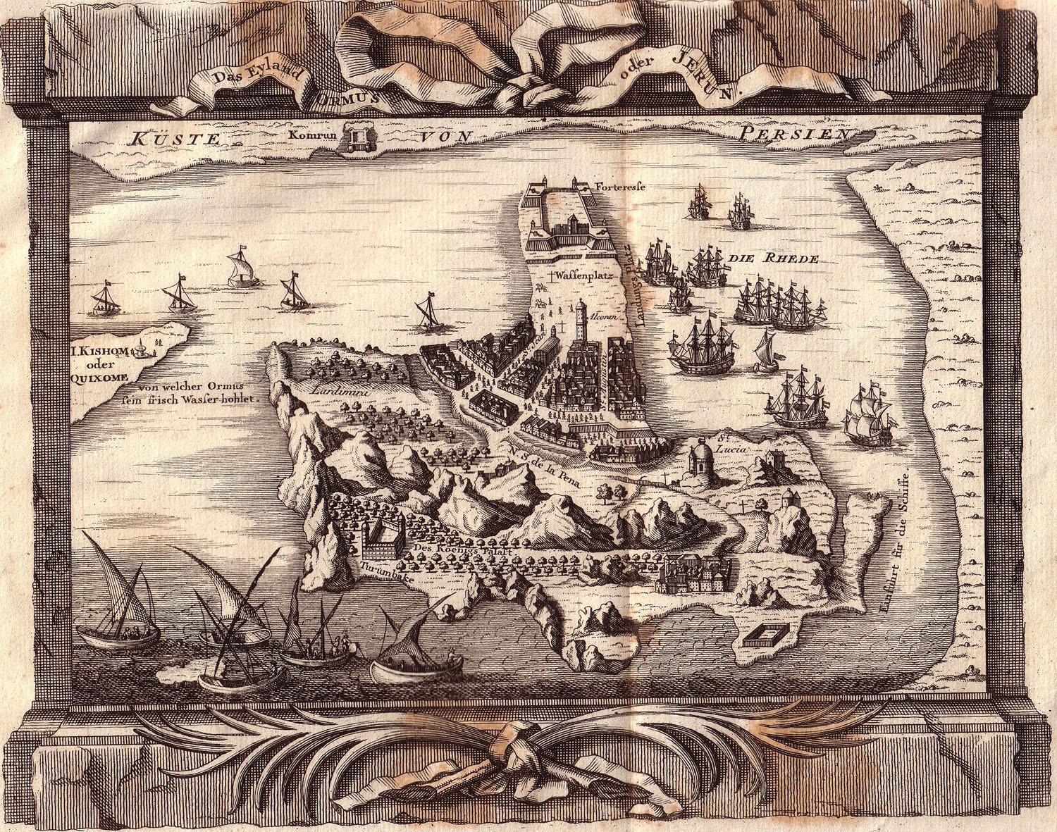 Map of Hormoz Island and New Hormoz City in Johann Caspar Arkstee and Henricus Merkus' Allgemeine Historie der Reisen zu Wasser und Lande, oder Sammlung aller Reisebeschreibungen, Leipzig 1747