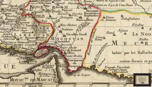 1724 Map of Mughistan (Mogostan) by Lisle Guillaume. Note 'Hauz Hormuz' near the centre of the image
