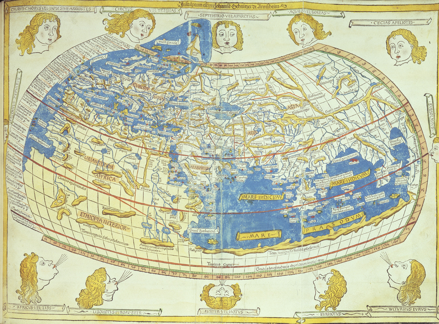 Reproduction woodcut of Ptolemy's (90-168 CE) map of the world by Johane Schnitzer (Ulm: Leinhart Holle, 1482). The original map was lost.