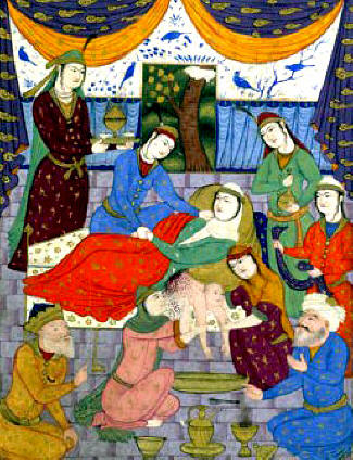 A scene from Ferdowsi's Shahnameh.<br>Rudabeh gives birth to Rustam by caesarean section through her side. The man in the image is a mobed, a Zoroastrian priest, physician and surgeon (cf. magus)