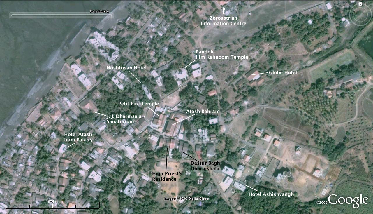 Satellite image of Udvada village. Graphic modifications copyright K. E. Eduljee