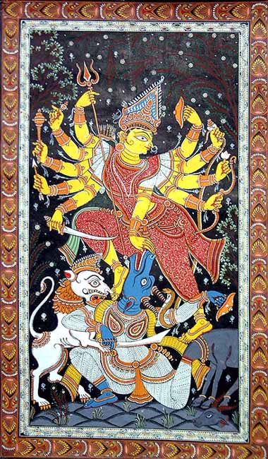 Durga-devi killing Mahish-asura in the form of a buffalo