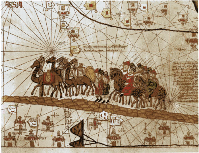 The caravan of Marco Polo traveling to India. Source: Catalan Atlas by Abraham and Jehuda Cresques (1375)