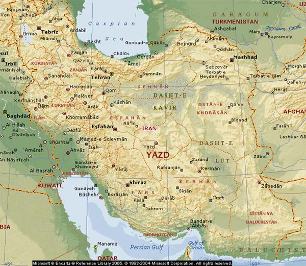 Map of Iran showing Yazd. Base map courtesy Microsoft Encarta