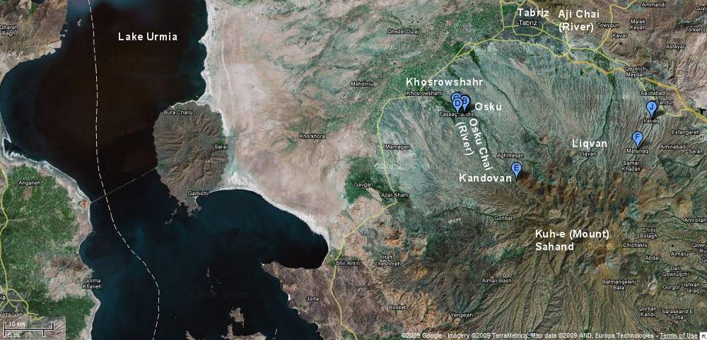 Map of Azerbaizan-e Shargi (East Azerbaijan) Province, Iran. Base map credit: Google maps