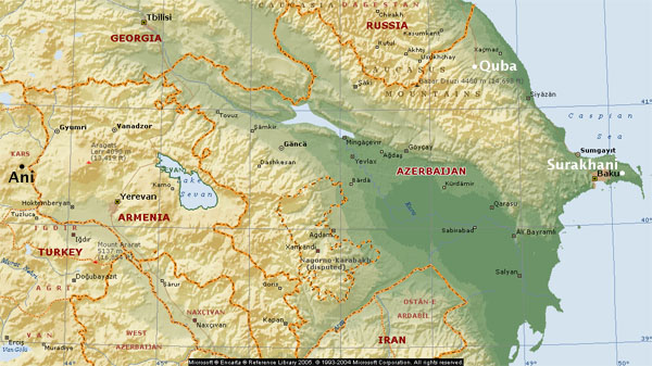 Map of Caucasus region (Azerbaijan, Armenia and E. Turkey) showing the lacation of Ani, Quba and Surakhani