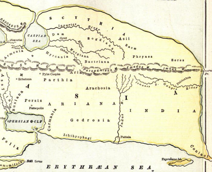 Central and East Asia. Map based on Strabo quoting Eratosthenes. Note Phrynes and Seres as being north of the Himalayas.