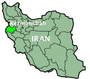 Map showing Kermanshah province in the northwest modern Iran (shaded green)