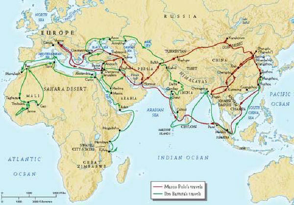 The travel routes of Marco Polo and Ibn Battuta