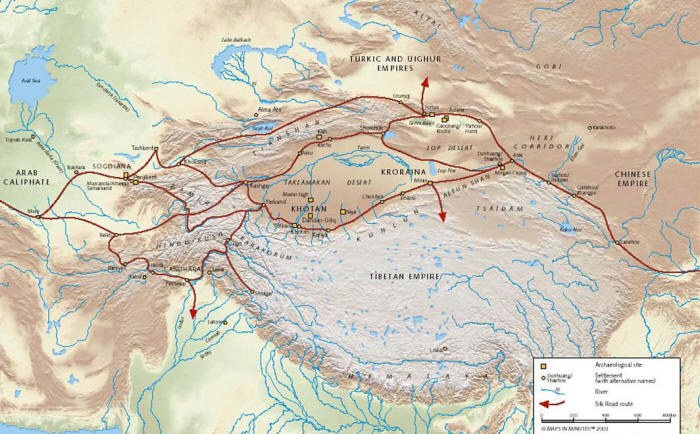 Aryan trade roads (Silk Roads). Note Kashgar and Yarkand in Khotan
