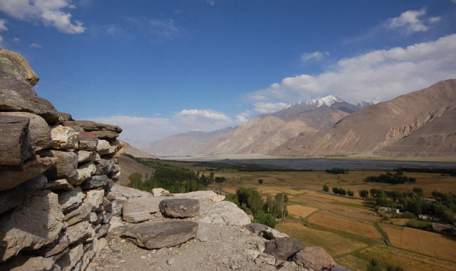 View north-east from the Vrang worship platform. The Wakhan valley, Panj river and Hindu Kush mountains are seen to the right of the image
