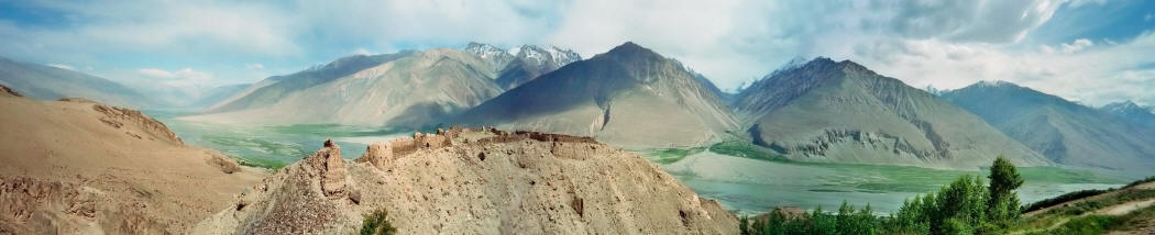 Zamr-i-Atish-Parast, or Fortress of the Fire Worshippers at Yamchun looking south. The Hindu Kush mountains are in the background