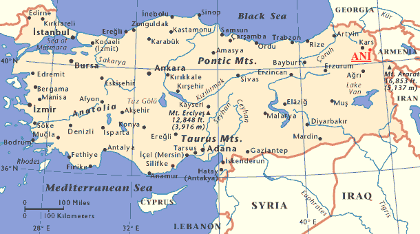 Map of Turkey showing the lacation of Ani